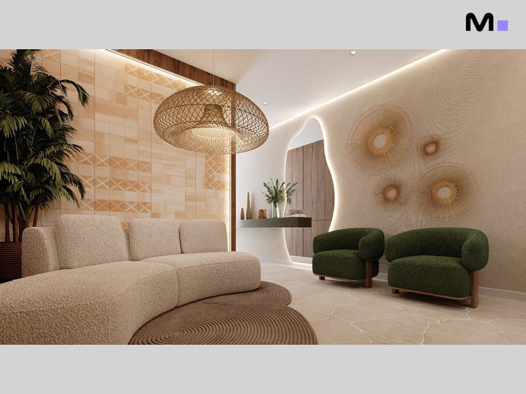 Sala de estar moderna e aconchegante da Maori Home Residence com sofá curvo e poltronas verdes.