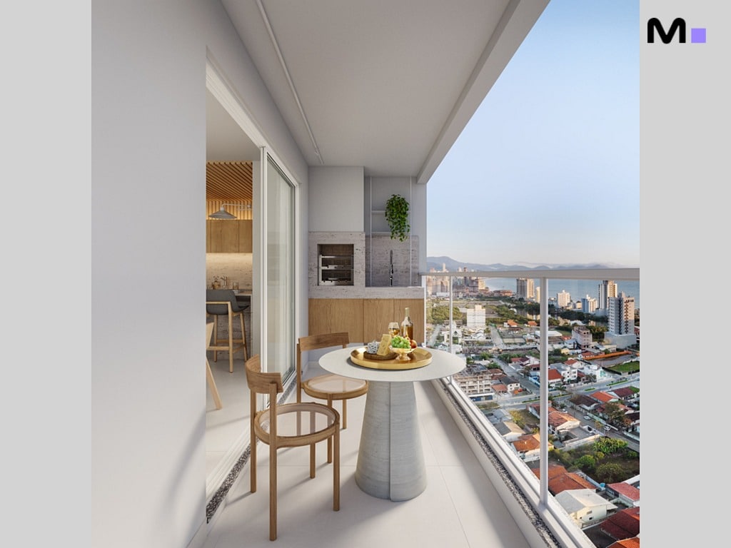Varanda moderna com churrasqueira e vista da cidade no Seven Residence.