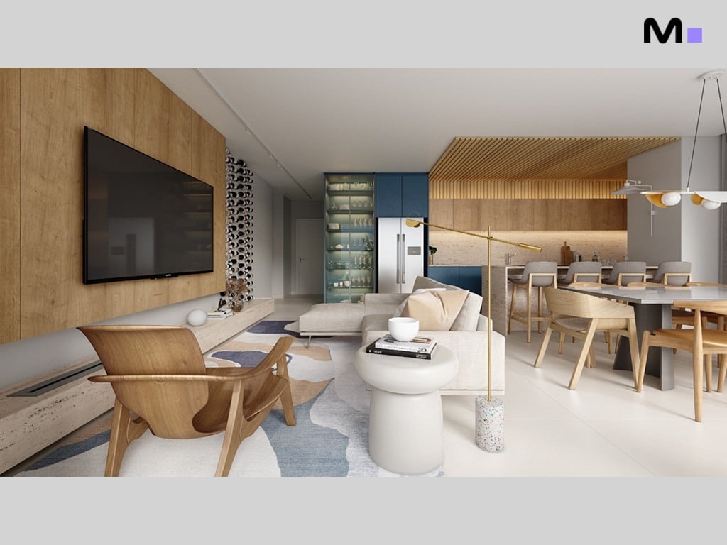 Sala de estar moderna e luminosa no Seven Residence, com TV, poltrona de madeira e área de jantar integrada.