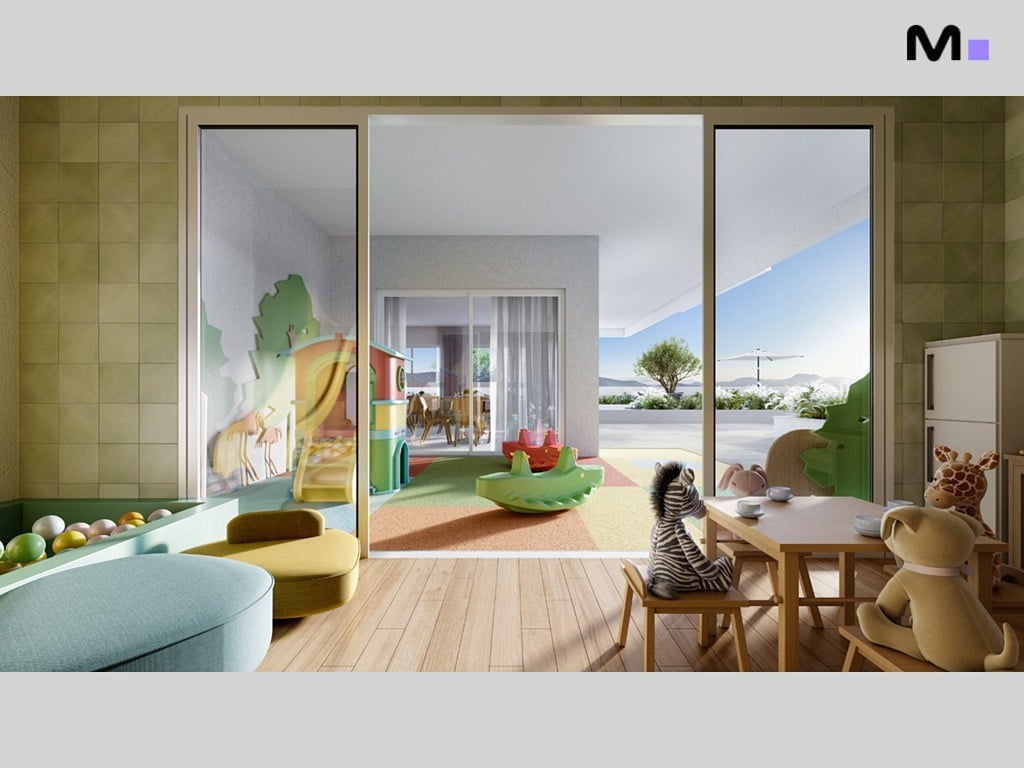 Sala de jogos infantil iluminada no Seven Residence com brinquedos e vista para o exterior.