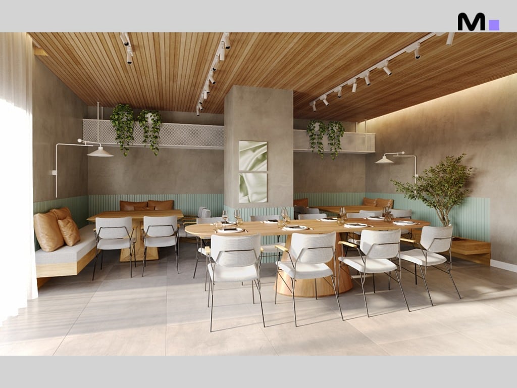 Interior do Seven Residence com mesas de madeira, cadeiras brancas e iluminação moderna.