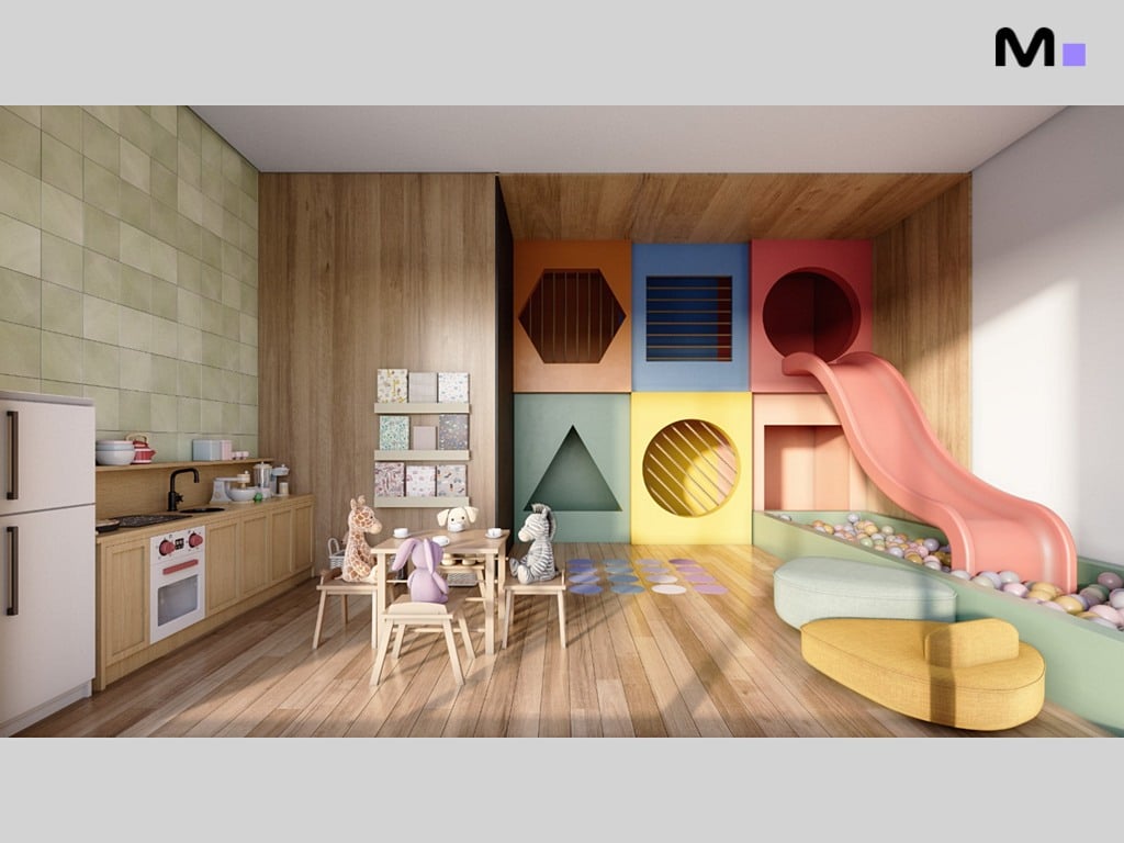Sala de jogos infantil colorida com escorrega, cozinha de brinquedo e mesa pequena. Seven Residence.