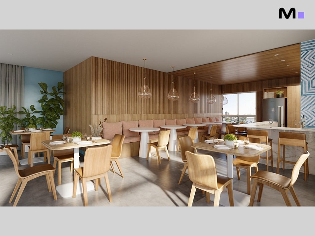 Interior moderno do Seven Residence com mesas, cadeiras de madeira e área de estar aconchegante.