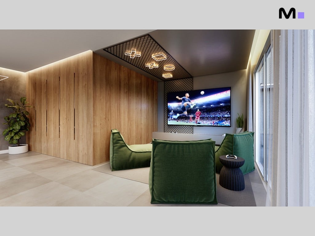 Sala de estar moderna com TV exibindo jogo de futebol, poltronas verdes e detalhes em madeira.