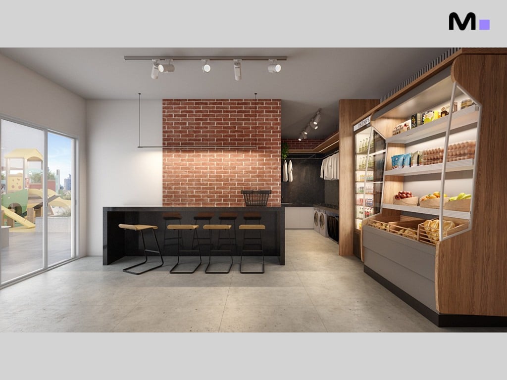 Interior moderno do Seven Residence com bar, prateleiras de mercado e lavanderia, luz natural abundante.