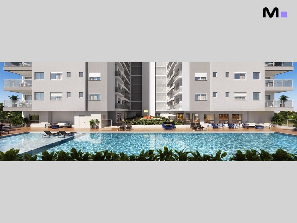 Residencial Seven Residence com piscina e área de lazer. Fachada moderna e convidativa.