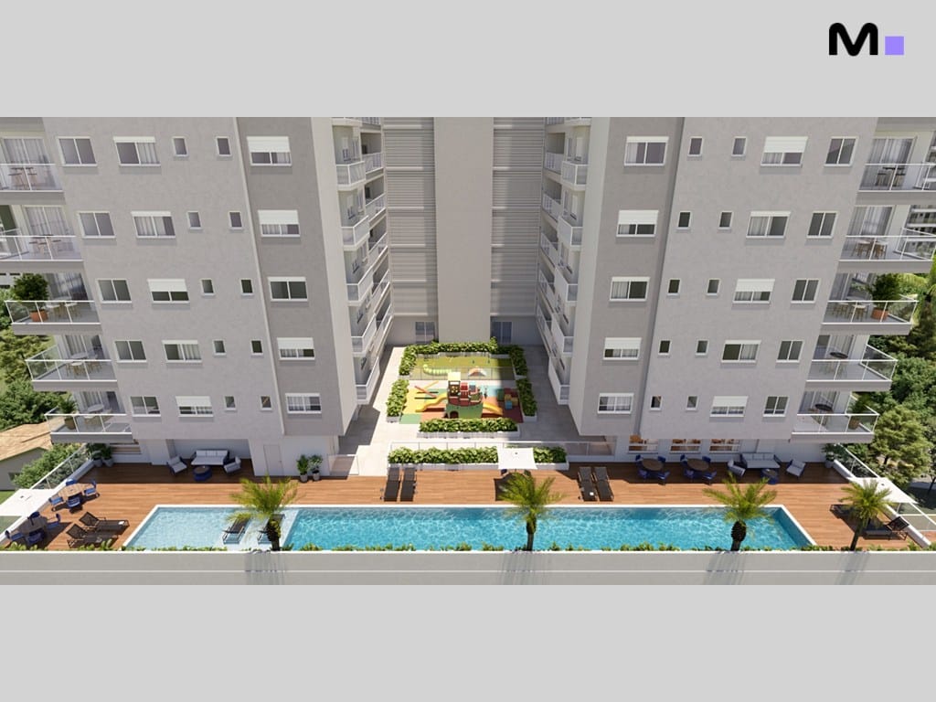 Vista aérea do condomínio Seven Residence com piscina, área de lazer e edifícios residenciais.