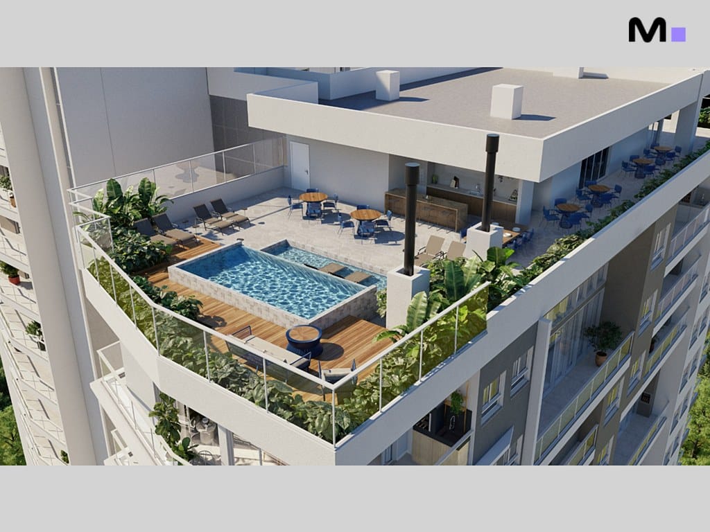 Cobertura do Seven Residence com piscina, área de lazer e vista panorâmica.