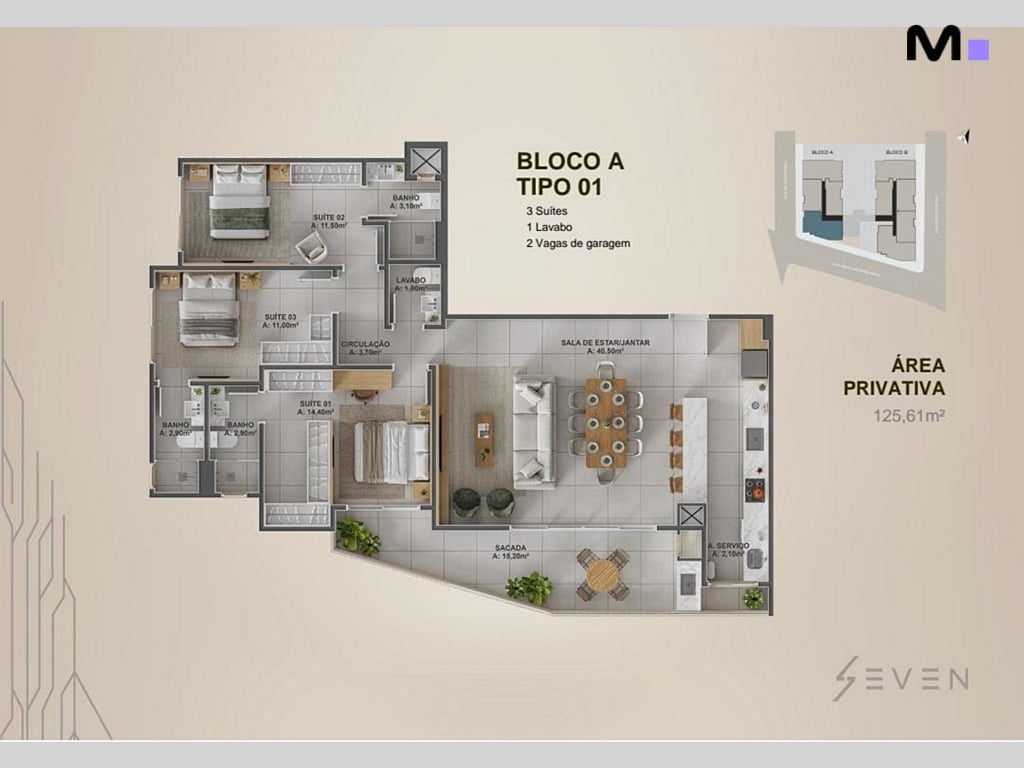 Planta baixa do apartamento tipo 01 no Seven Residence: 3 suítes, sala, varanda e 2 vagas.