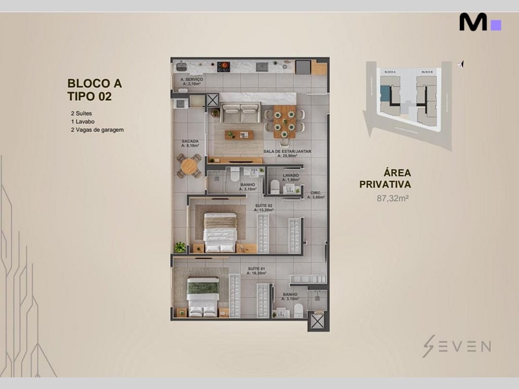 Planta baixa do apartamento tipo 02 no Bloco A do Seven Residence: 2 suítes, 1 lavabo e 2 vagas.