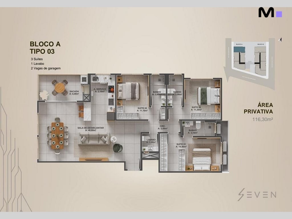 Planta baixa do apartamento tipo 03 do Seven Residence, com 3 suítes e área privativa de 116,30m².