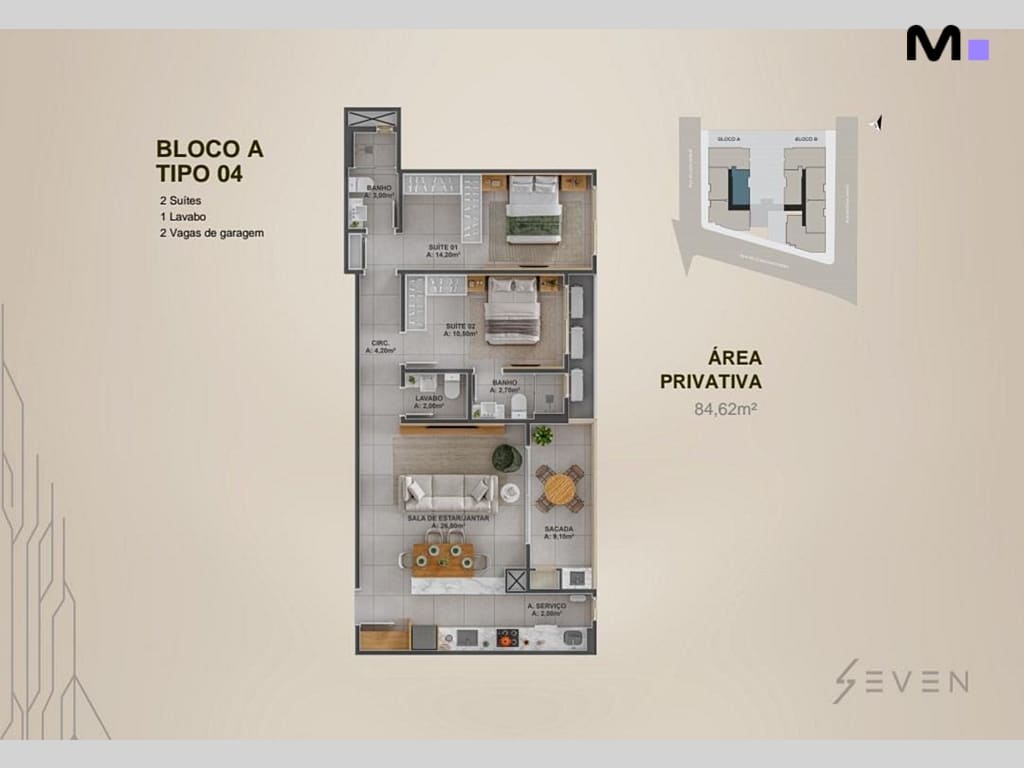 Planta baixa do apartamento Tipo 04 no Seven Residence: 2 suítes, 1 lavabo, área privativa de 84,62m².