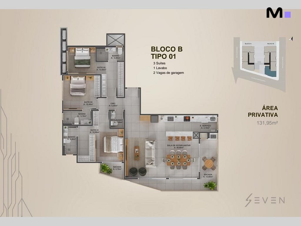 Planta baixa do apartamento tipo 01 do Bloco B no Seven Residence, com 3 suítes e área privativa de 131,95m².