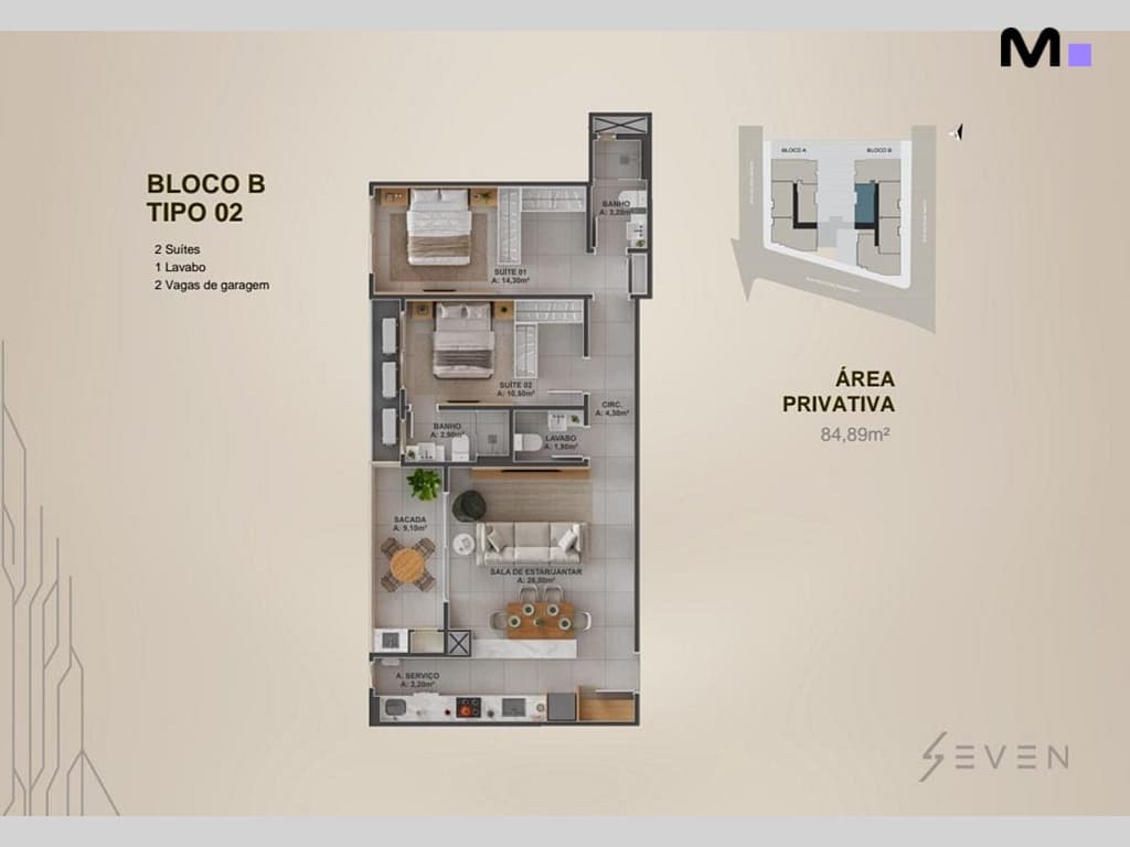Planta baixa do apartamento Tipo 02 do Bloco B do Seven Residence: 2 suítes, lavabo e 2 vagas.