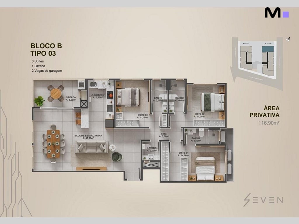 Planta baixa do apartamento Tipo 03 no Bloco B do Seven Residence. 3 suítes, 1 lavabo, 2 vagas de garagem.