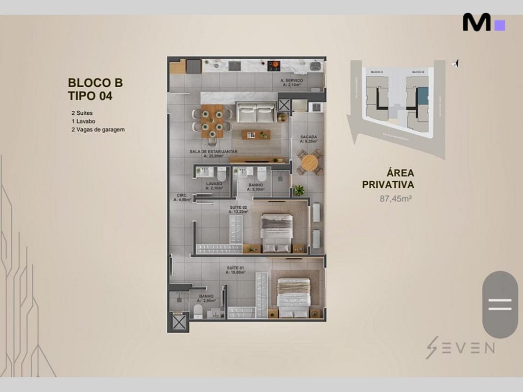 Planta baixa do apartamento tipo 04 do Bloco B no Seven Residence. Área privativa de 87,45m².