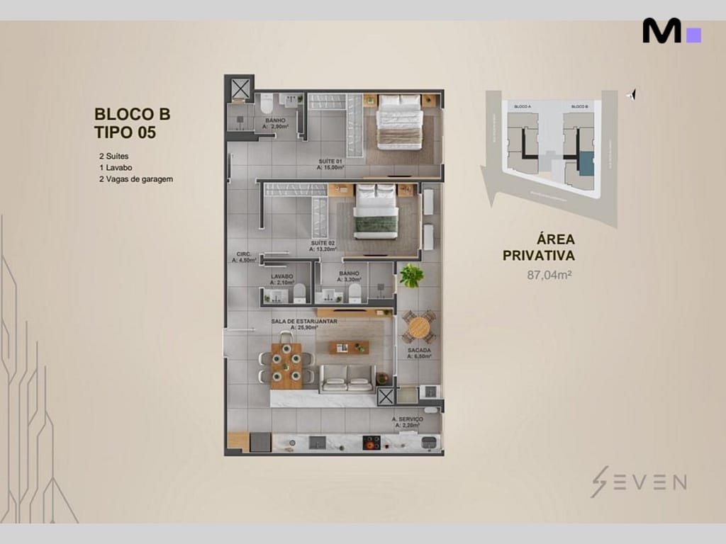 Planta baixa do apartamento tipo 05 do Bloco B no Seven Residence: 2 suítes, sala, sacada e 2 vagas.