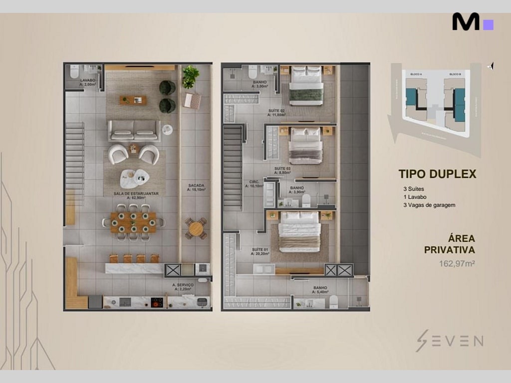 Planta duplex do Seven Residence com 3 suítes, lavabo e vagas de garagem. Área privativa de 162,97m².