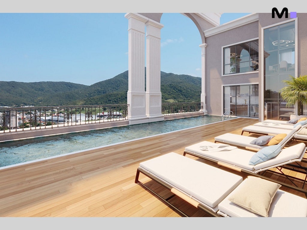 Piscina luxuosa no Palazzo Reale com vista para montanhas e espreguiçadeiras confortáveis.