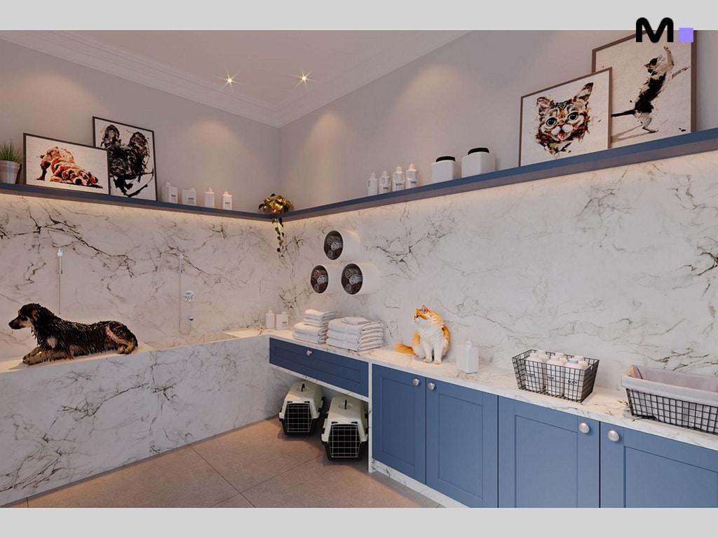 Banheiro pet moderno com banheira, armários azuis e decorações.