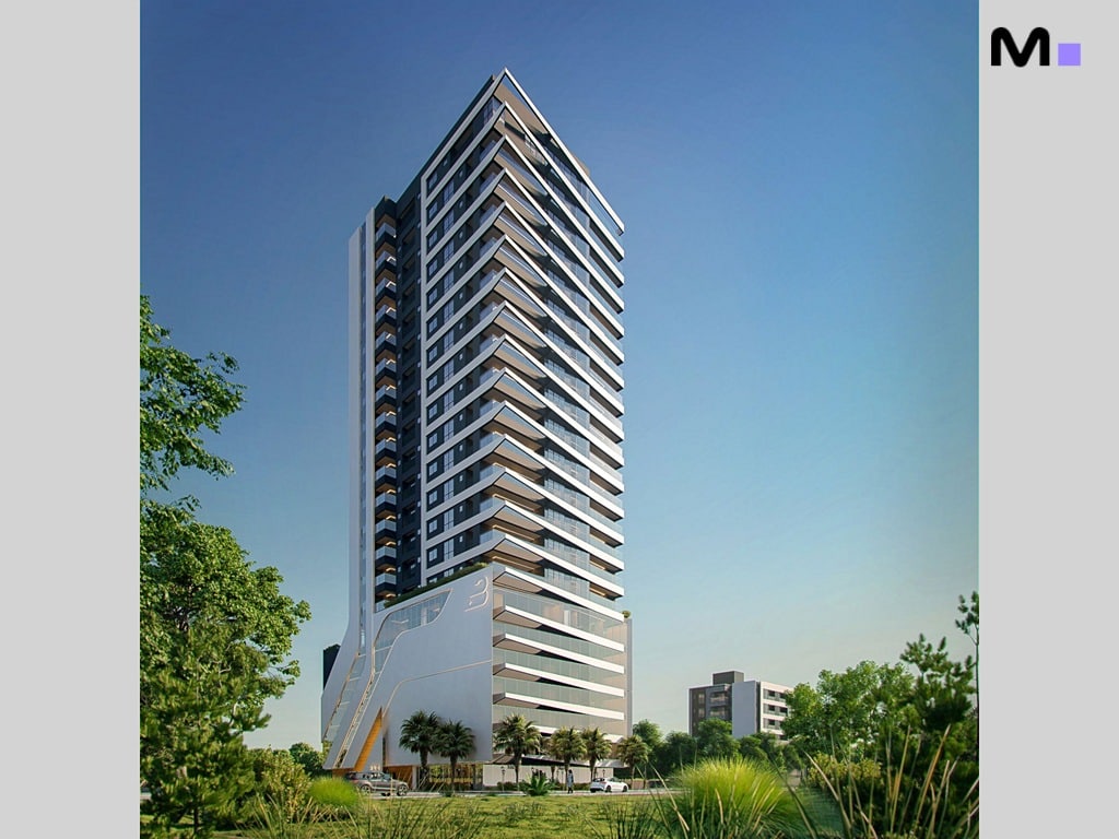 Residência Hudson Park: vista do edifício moderno com design arquitetônico único.