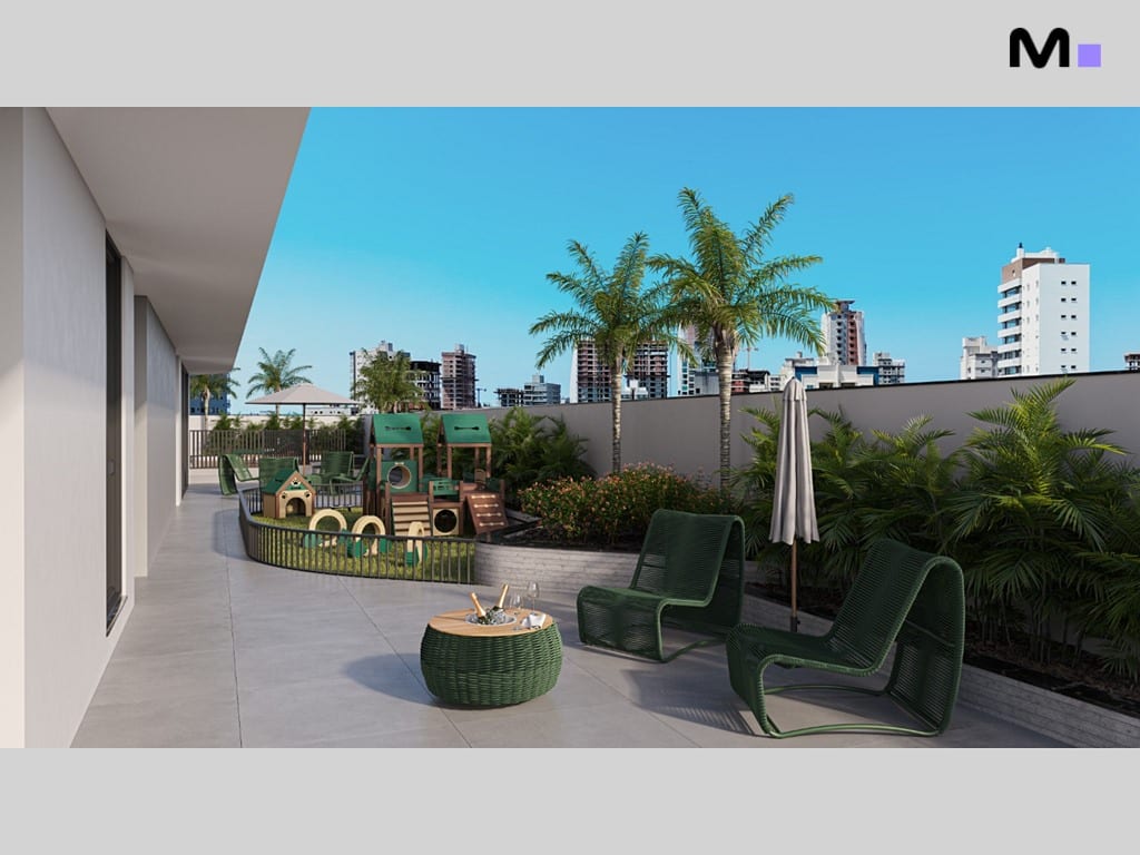 Área de lazer do Gran Canária Residence com playground e cadeiras confortáveis.