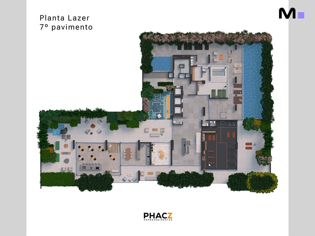 Planta de lazer do 7º pavimento do Vibra Phacz Home com piscinas, áreas de convivência e jardins.