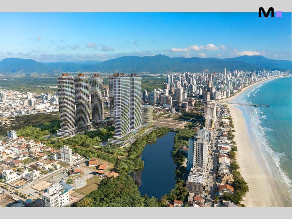 Vista aérea do Lagom Perequê Residence em Itapema, com praia e montanhas ao fundo.