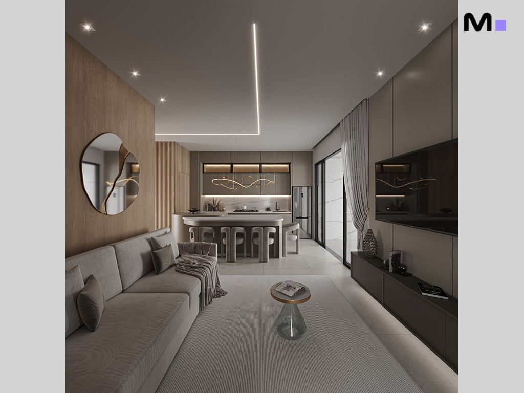 Sala moderna da Gran Canária Residence com sofá cinza, TV e cozinha integrada.