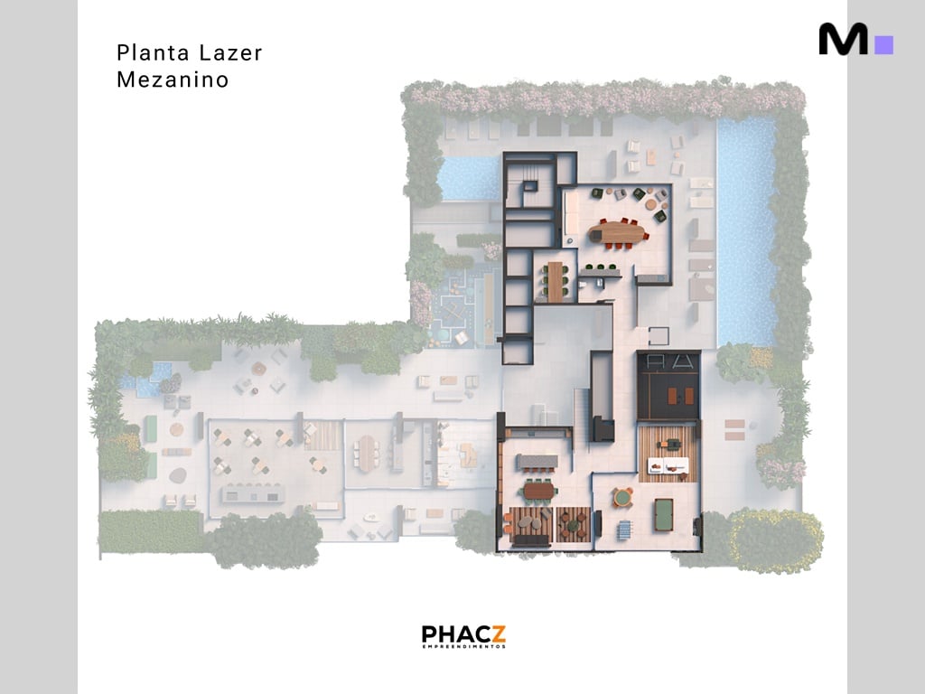 Planta de lazer do mezanino Vibra Phacz Home. Detalhes de piscina, áreas de convivência e salão de festas.