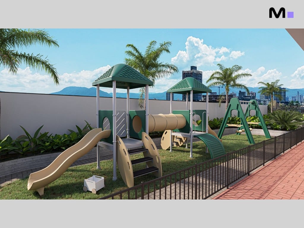 Playground colorido no Gran Canária Residence com escorregador, túnel e balanço.