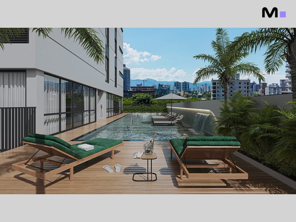 Residência Gran Canária: área de lazer com piscina, espreguiçadeiras e vista da cidade.