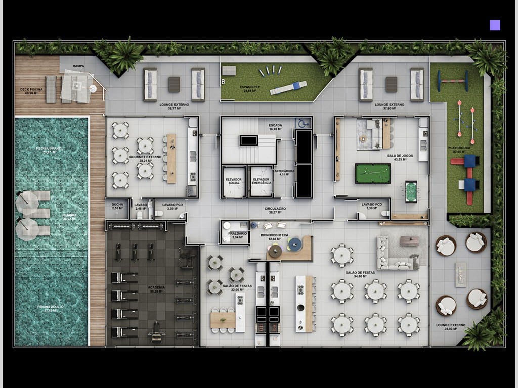 Planta baixa do Gran Canária Residence, mostrando piscina, academia, salão de festas e áreas de lazer.